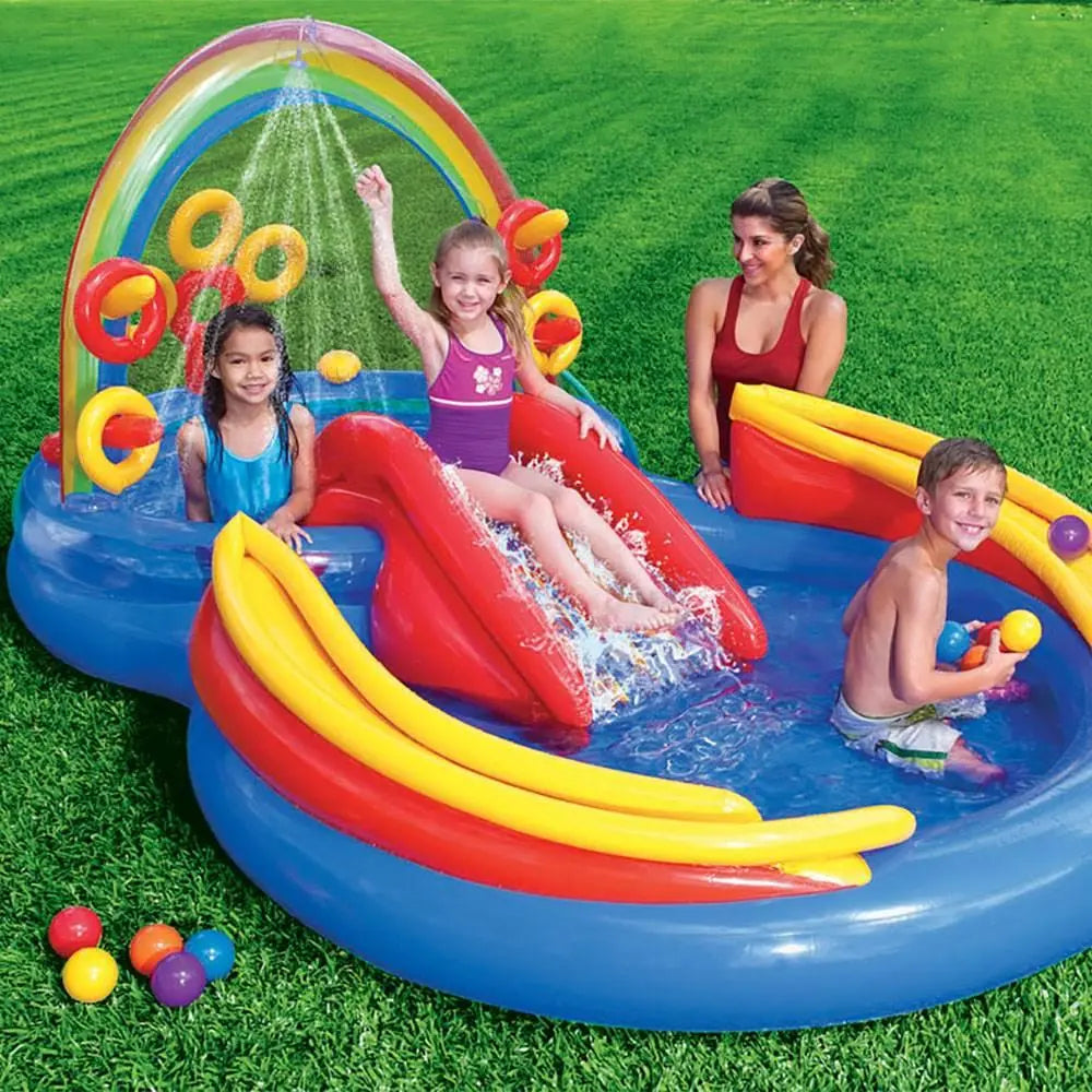 🔥Summer Promotion - 50% Discount for Limited Time - Rainbow Edition Children's Play Inflatable Slide Pool Includes Slide Rings, Throwing Games and Ball Troughs🌊
