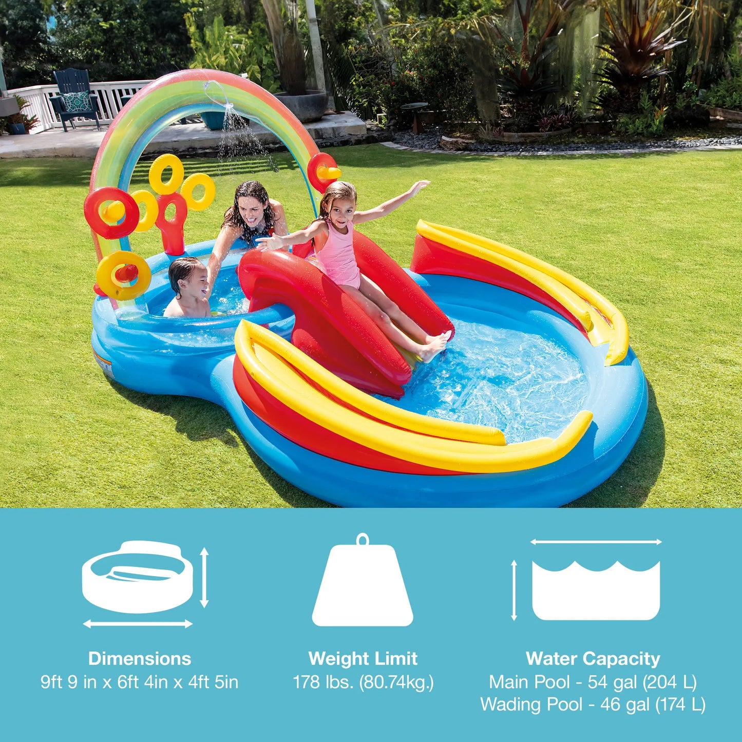 🔥Summer Promotion - 50% Discount for Limited Time - Rainbow Edition Children's Play Inflatable Slide Pool Includes Slide Rings, Throwing Games and Ball Troughs🌊